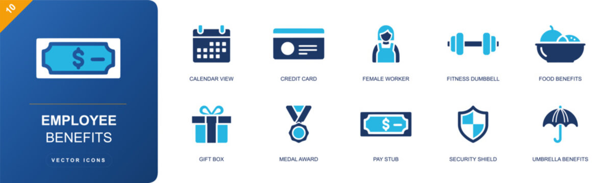 Employee benefits icon set. Containing calendar view, credit card, worker, dumbbell, food benefits, gift box, pay stub, security shield, umbrella benefits and more. Solid fill vector icons.