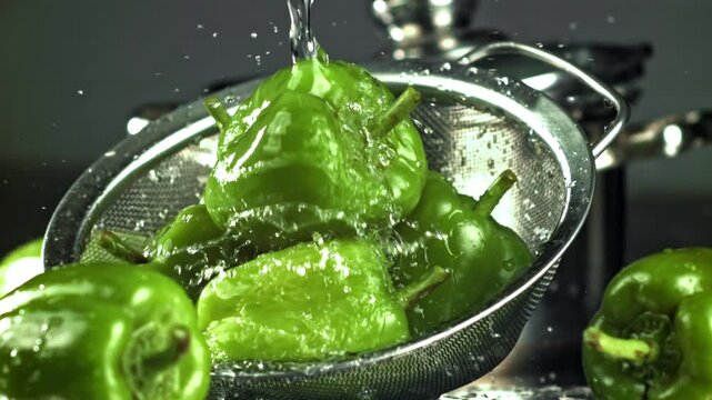 Green bell peppers in metal sieve under running water, kitchen closeup Filmed on a high-speed camera at 1000 fps.