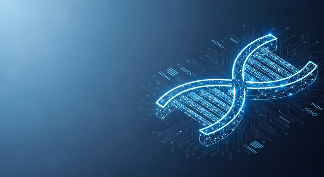 A glowing, twisted DNA double helix rendered in digital style on a blue background with binary code.