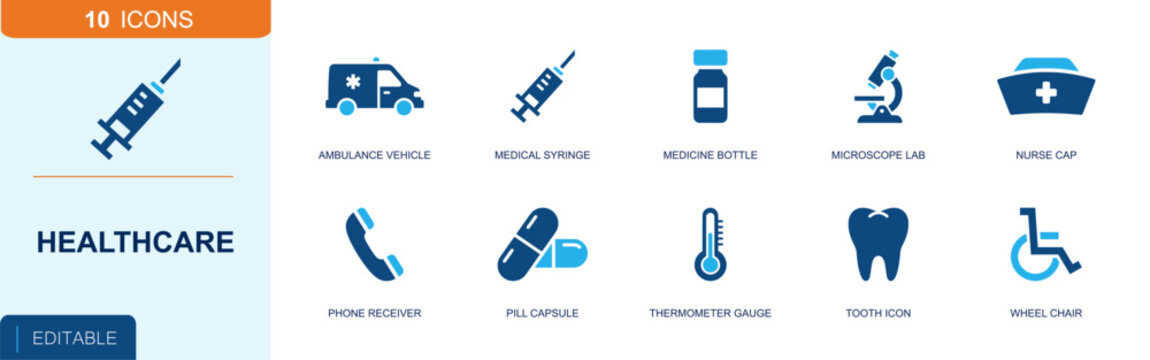 Healthcare icon set. Containing ambulance vehicle, syringe, medicine bottle, microscope, nurse cap, phone receiver, pill capsule, thermometer, tooth icon and more. Solid fill vector icons.