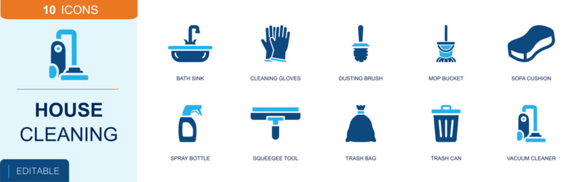 House cleaning icon set. Containing bath sink, cleaning gloves, dusting brush, mop bucket, spray bottle, squeegee, trash bag, trash can, vacuum cleaner and more. Solid fill vector icons.