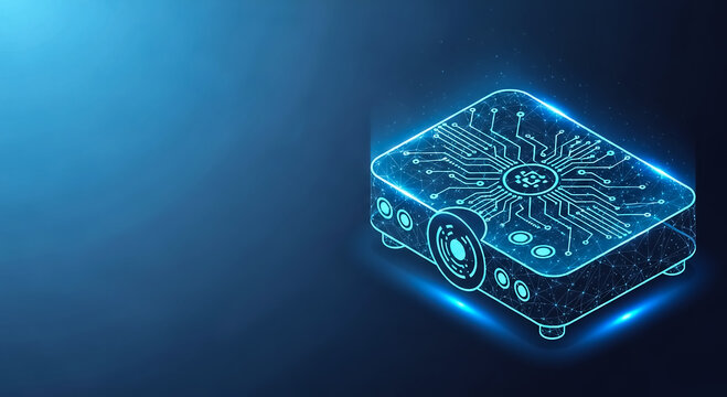 A sleek, modern digital projector with neon-lit circuitry and glowing effects, showcasing advanced technology and innovation.