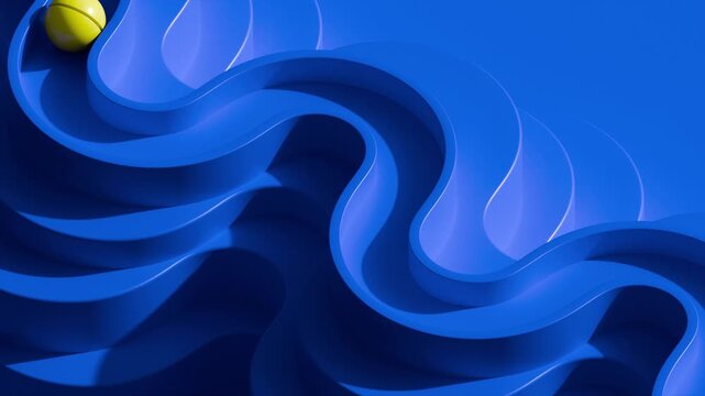 Abstract blue layered curve wave with rolling yellow ball on background, 3d geometric looping animation