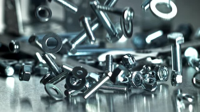 Shiny steel bolts scattered on reflective workbench, cinematic macro Filmed on a high-speed camera at 1000 fps.