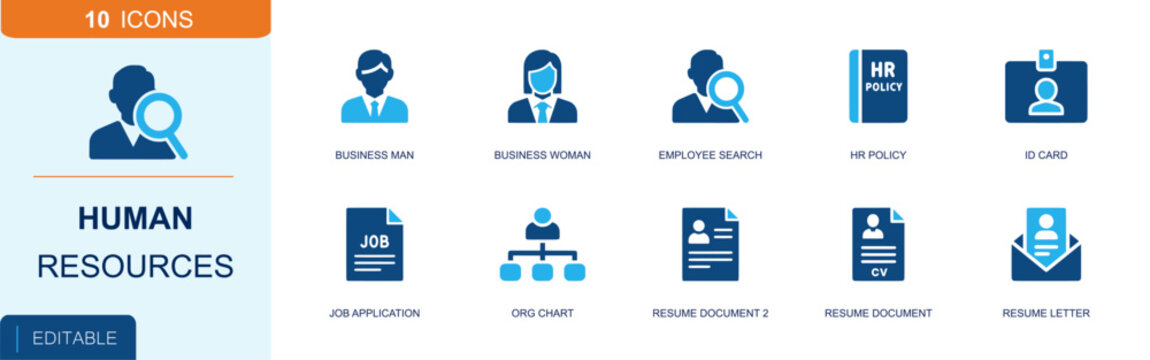Human resources icon set. Containing business man, business woman, employee search, HR policy, ID card, job application, org chart, resume document and more. Solid fill vector icons.