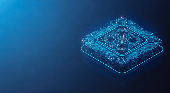 A sleek, modern microchip with intricate glowing blue circuitry, set against a dark, gradient background, symbolizing advanced technology.