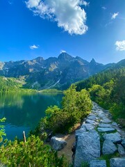 Rocky forest path with a view of mountain lake Morskie oko, Zakopane, Poland. © Darja