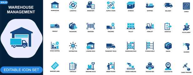 Warehouse management icon set. Logistics, inventory control, supply chain, cargo tracking, barcode scanning, fulfillment, shipping operations. Editable icons collection. Vector. © JIm Studio