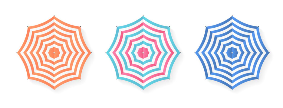 Set of striped beach umbrellas from a top down perspective ideal for summer vacation promotion and travel design