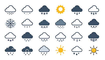 Fototapeta premium Collection of pixel art weather icons, including sun, clouds, snow, and rain, suitable for digital interfaces