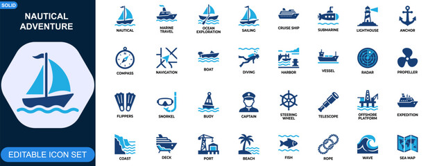 Nautical adventure icon set. Marine travel, ocean exploration, sailing, cruise ship, submarine, lighthouse, anchor, compass navigation. Editable icons collection. Vector. © JIm Studio