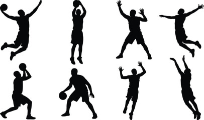 Basketball player silhouettes collection featuring dynamic athletic poses for jumping dunking shooting and defending © Sadhin Artlance