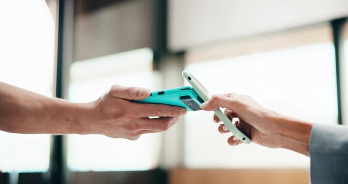 Machine, phone and hands of cashier with woman for payment, pos or loyalty points on electronic card. Cellphone, fintech and worker with customer for tap with transaction, app or contactless purchase