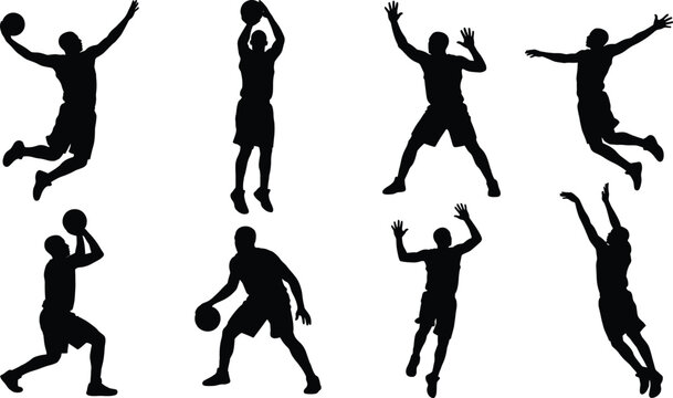 Basketball player silhouettes collection featuring dynamic athletic poses for jumping dunking shooting and defending
