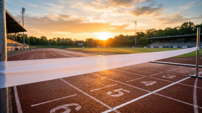 Finish line tape across an empty running track at sunset