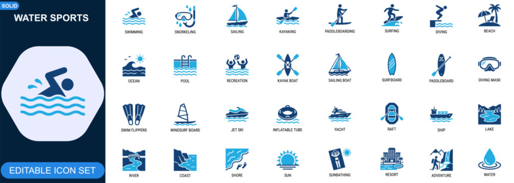 Water sports icon set. Swimming, snorkeling, sailing, kayaking, paddleboarding, surfing, diving, beach recreation, ocean adventure. Editable icons collection. Vector.
