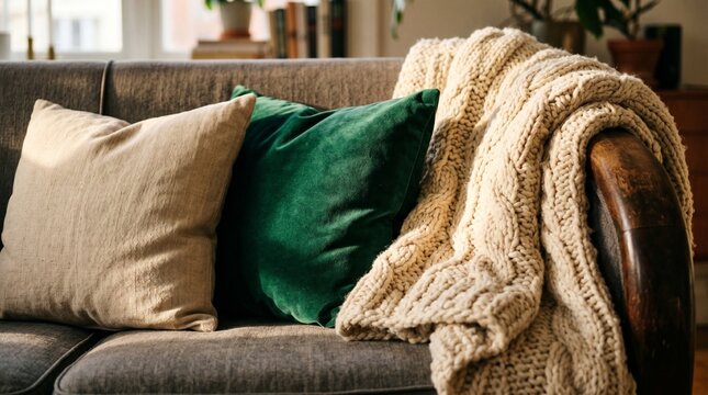 Cozy living room sofa with green velvet pillow and chunky knit blanket