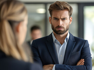 Naklejka premium Portrait of an angry or serious businessman with crossed arms looking sternly at a female colleague during an office argument