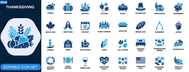 Thanksgiving icon set. Turkey, pumpkin, harvest feast, autumn leaves, cornucopia, pilgrim hat, cranberry, gratitude celebration. Editable icons collection. Vector. © JIm Studio