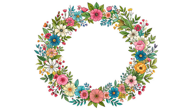 Colorful floral wreath with small flowers and green leaves, spring celebration decoration, springtime motif