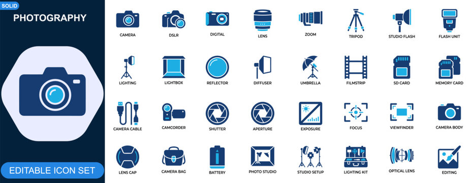 Photography equipment icon set. DSLR camera, studio flash, tripod, lens, lighting kit, filmstrip, SD card, shutter control. Editable icons collection. Vector.