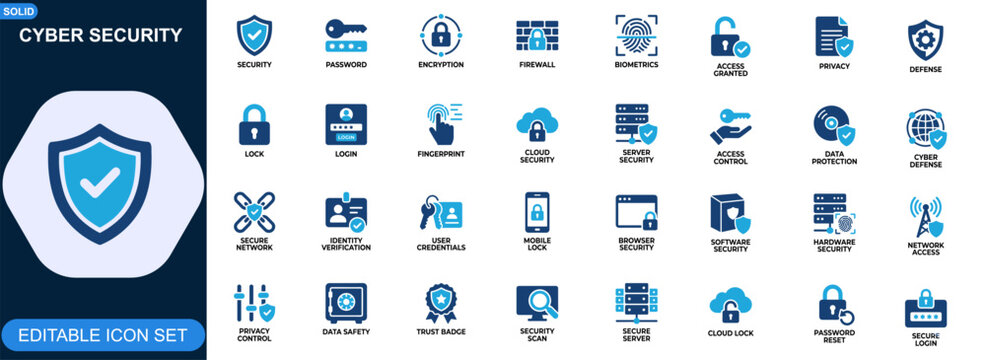Cyber security and password protection icon set. Data security, encryption, firewall, authentication, secure cloud, server security, privacy protection. Editable icons collection. Vector.