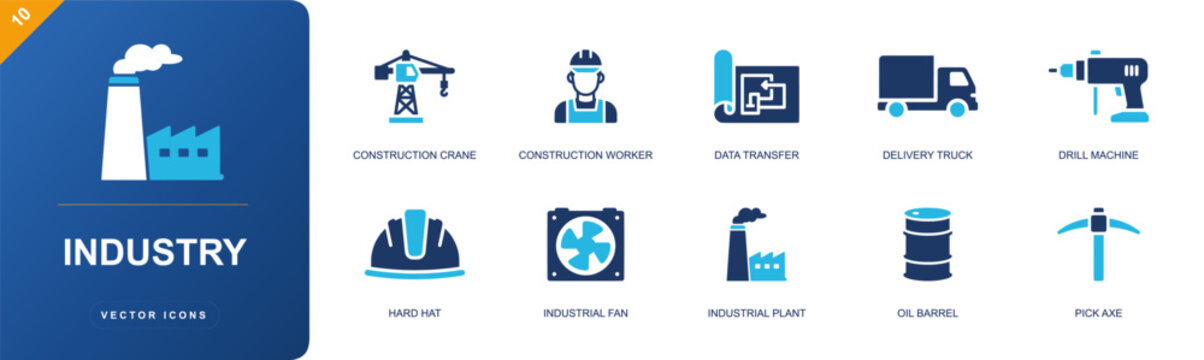 Industry icon set. Containing construction crane, worker, delivery truck, drill machine, hard hat, industrial fan, factory plant, oil barrel, pick axe and more. Solid fill vector icons.