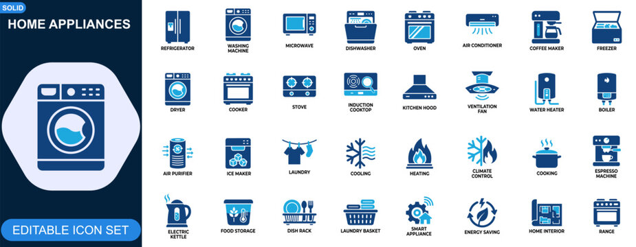 Home appliances icon set. Household electronics, kitchen appliances, refrigerator, washing machine, microwave, dishwasher, oven, air conditioner, coffee maker. Editable icons collection. Vector.