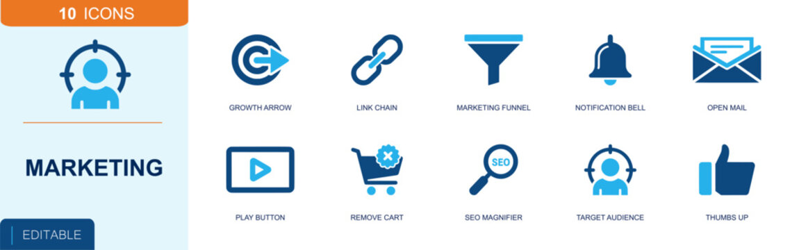 Marketing icon set. Containing growth arrow, link chain, sales funnel, notification bell, open mail, play button, SEO magnifier, target audience, thumbs up and more. Solid fill vector icons.
