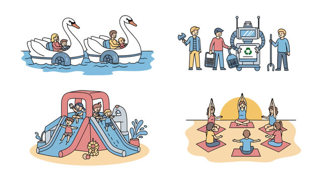 Leisure Activities Collage: A vibrant collage showcasing diverse leisure activities, including a family enjoying a swan boat ride, children playing on a slide, a team interacting with a robot.