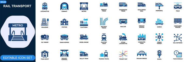 Rail transport and train travel icon set. Railway, subway, metro, monorail, locomotive, freight, passenger, high speed rail, station network. Editable icons collection. Vector. © JIm Studio