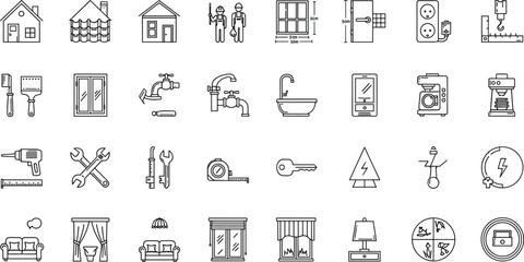 Home construction and repair icons set, plumbing electrical tools furniture windows doors, outline vector illustration for renovation UI UX © Nafij World