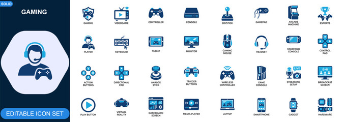 Gaming icon set for video game controllers and consoles. Joystick, gamepad, arcade, esports, keyboard, tablet, streaming gear. Editable icons collection. Vector. © JIm Studio