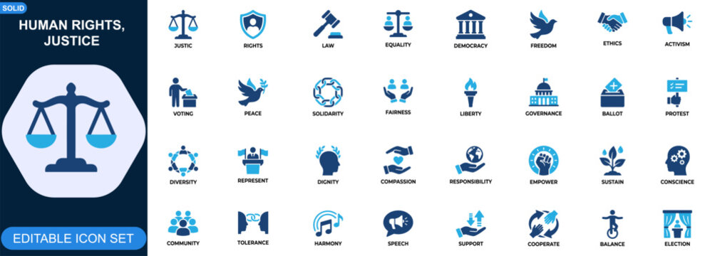 Human Rights and Justice Icon Set. Law, equality, democracy, freedom, ethics, activism, voting, solidarity. Editable icons collection. Vector.