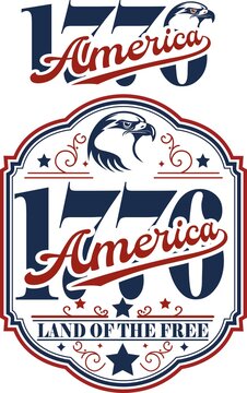 Vintage 1776 America patriotic badge vector illustration with eagle and land of the free typography design
