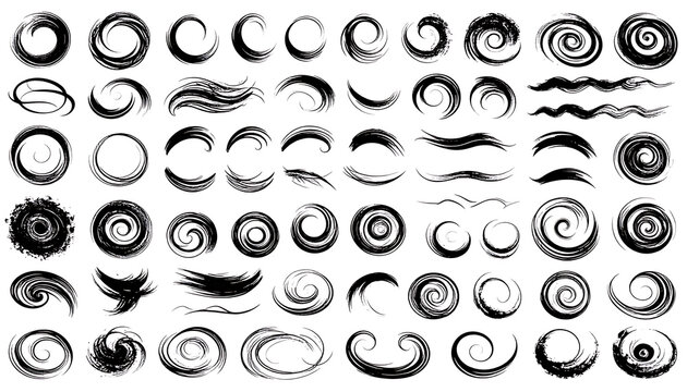 Collection of abstract grunge brush stroke circles and swirls, hand-drawn elements for design, textures, and accents