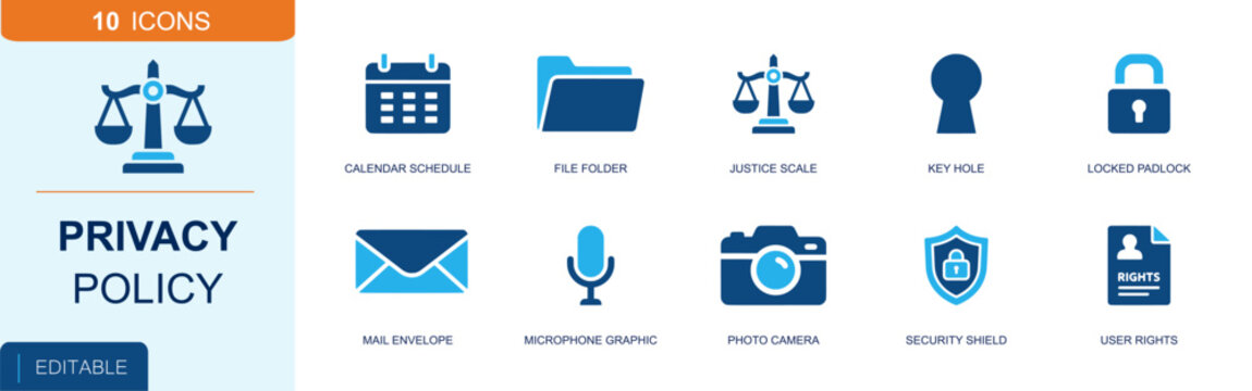 Privacy policy icon set. Containing calendar schedule, file folder, justice scale, keyhole, padlock, mail envelope, microphone, camera, user rights and more. Solid fill vector icons.