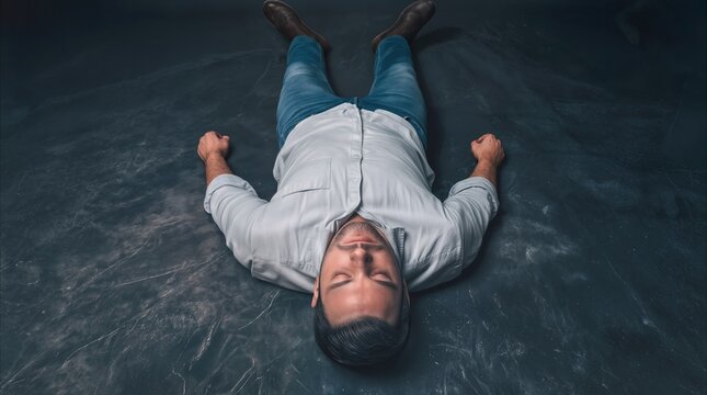 Unconscious man lying on dark floor. High angle view of male figure in casual clothes resting on textured surface.