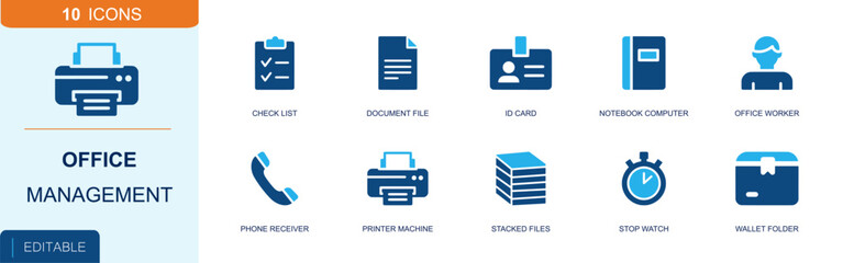 Fototapeta premium Office management icon set. Containing checklist, document file, ID card, office worker, phone receiver, printer, stacked files, stopwatch, wallet folder and more. Solid fill vector icons.