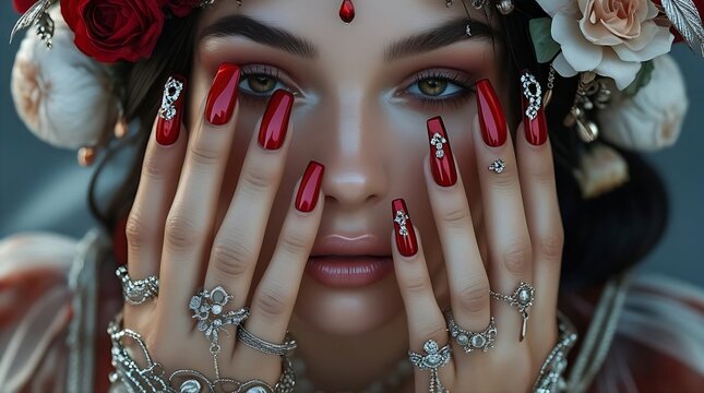 a young woman with glass red chrome nails, and elegant jewelry, highlighting a romantic and ethereal beauty.	