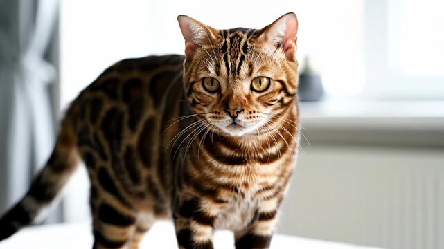 Bengal Cat Standing on White Surface Looking at Camera in Bright Modern Room