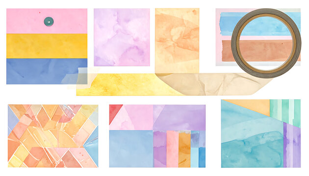 Collection of abstract watercolor backgrounds and textures in pastel and earthy tones, geometric patterns, and marbled effects