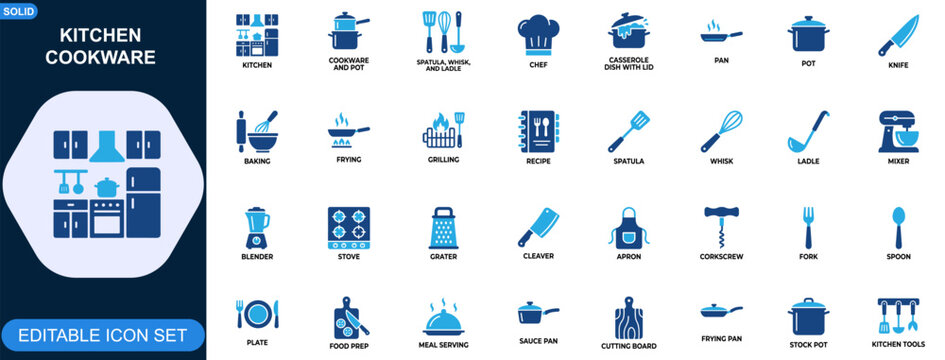 Kitchen cookware and cooking utensils icon set. Chef tools, pans, knives, baking, frying, grilling, food prep, recipe essentials. Editable icons collection. Vector.