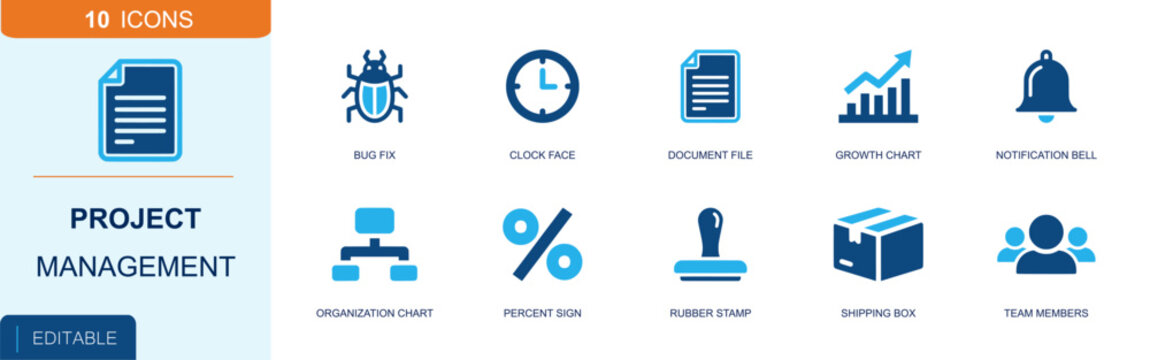 Project management workflow icon set. Containing bug fix, clock, document, growth chart, bell alert, org chart, percent sign, shipping box, team members and more. Solid fill vector icons.