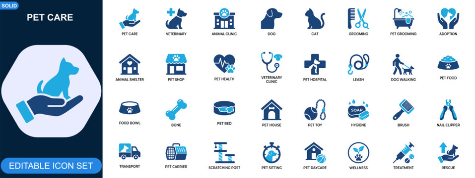 Pet care and veterinary icon set for animal health services and pet business branding. Veterinary, grooming, adoption, clinic, shelter, accessories, hygiene. Editable icons collection. Vector.