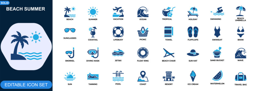 Beach summer icon set. Ocean vacation, seaside travel, tropical holiday, swimming, beach umbrella, sunglasses, cocktail, lifebuoy, picnic, resort. Editable icons collection. Vector.