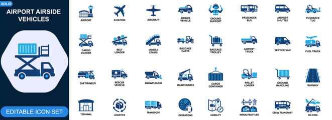 Airport airside vehicles icon set. Passenger bus, pushback tug, cargo loader, belt loader, mobile stairs, baggage carts, ground support equipment. Editable icons collection. Vector. © JIm Studio