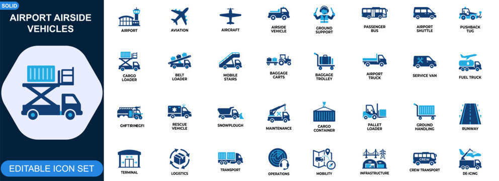 Airport airside vehicles icon set. Passenger bus, pushback tug, cargo loader, belt loader, mobile stairs, baggage carts, ground support equipment. Editable icons collection. Vector.