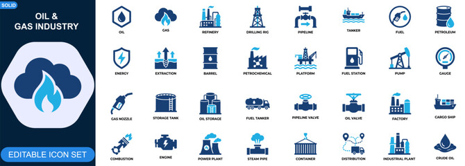 Oil and Gas Industry Icon Set. Refinery, drilling rig, pipeline, tanker transport, fuel production, petrochemical plant, energy infrastructure. Editable icons collection. Vector. © JIm Studio