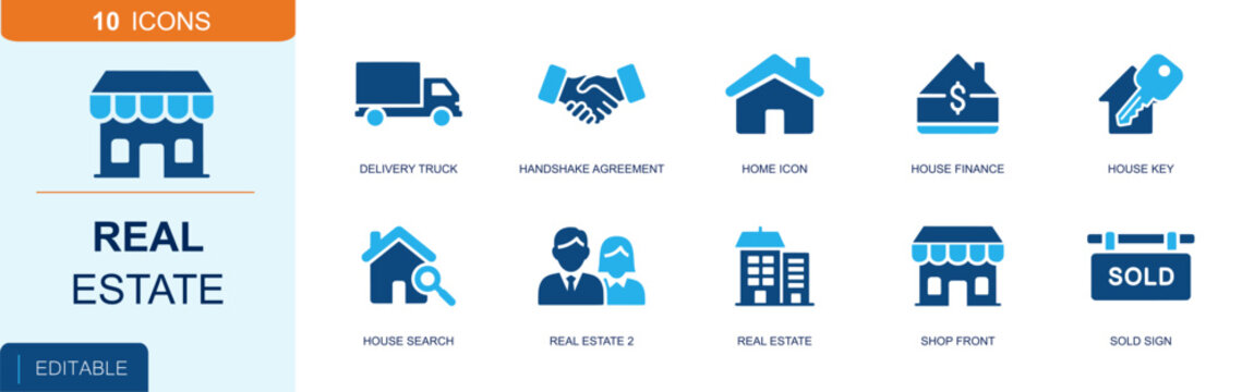 Real estate icon set. Containing delivery truck, handshake, home, finance, house key, house search, realtors, agency building, shop front, sold sign and more. Solid fill vector icons.